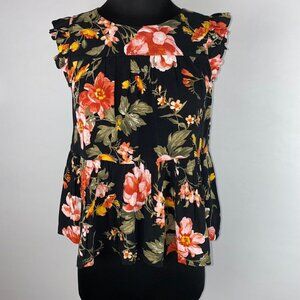 American Eagle Womens XS Floral Ruffle Sleeveless Trim Accented Top Keyhole Back